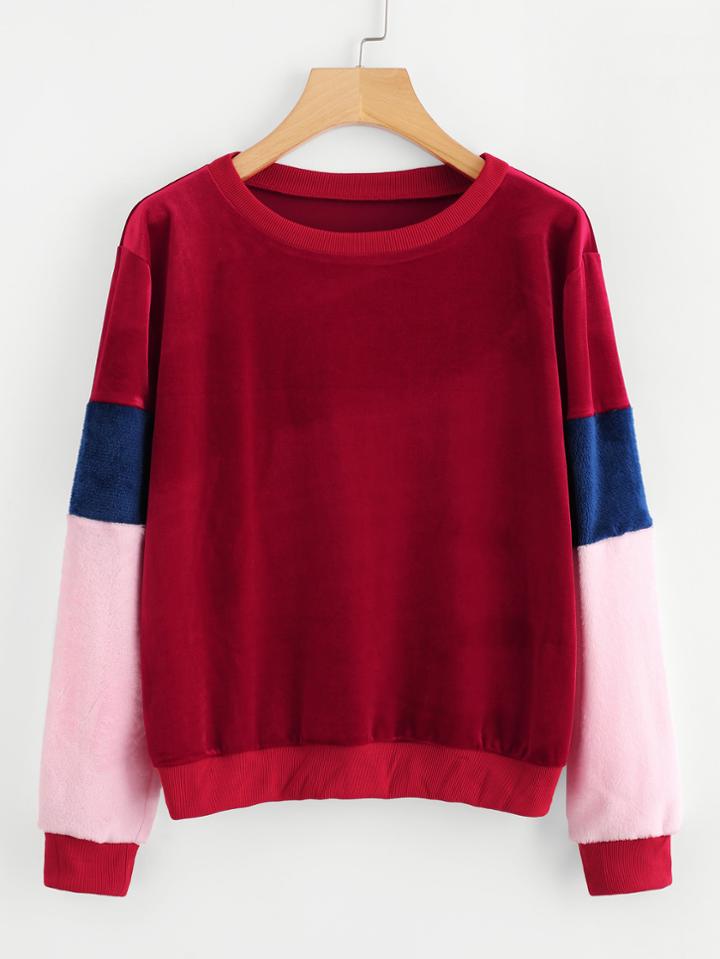 Romwe Contrast Panel Velvet Pullover
