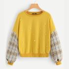Romwe Pearl Embellished Drop Shoulder Plaid Sweatshirt