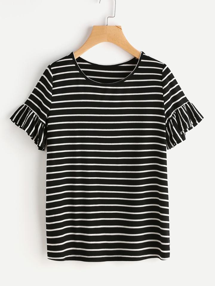 Romwe Frilled Sleeve Striped Tee