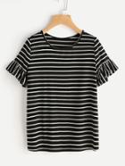 Romwe Frilled Sleeve Striped Tee