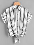 Romwe Striped Self Tie Front Shirt With Chest Pocket