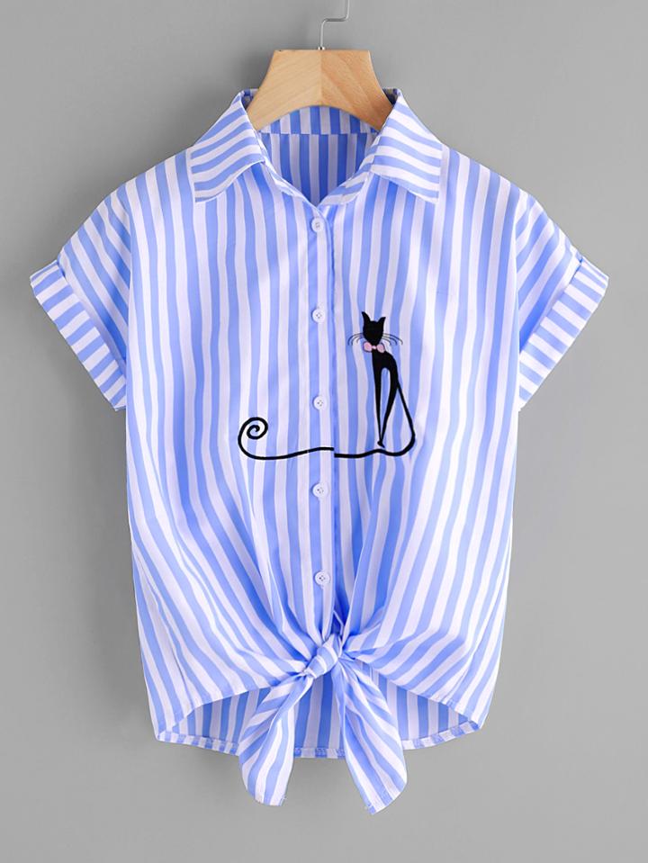 Romwe Contrast Striped Cat Embroidery Cuffed Shirt