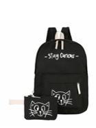 Romwe Cat Pattern Canvas Backpack With Clutch Bag