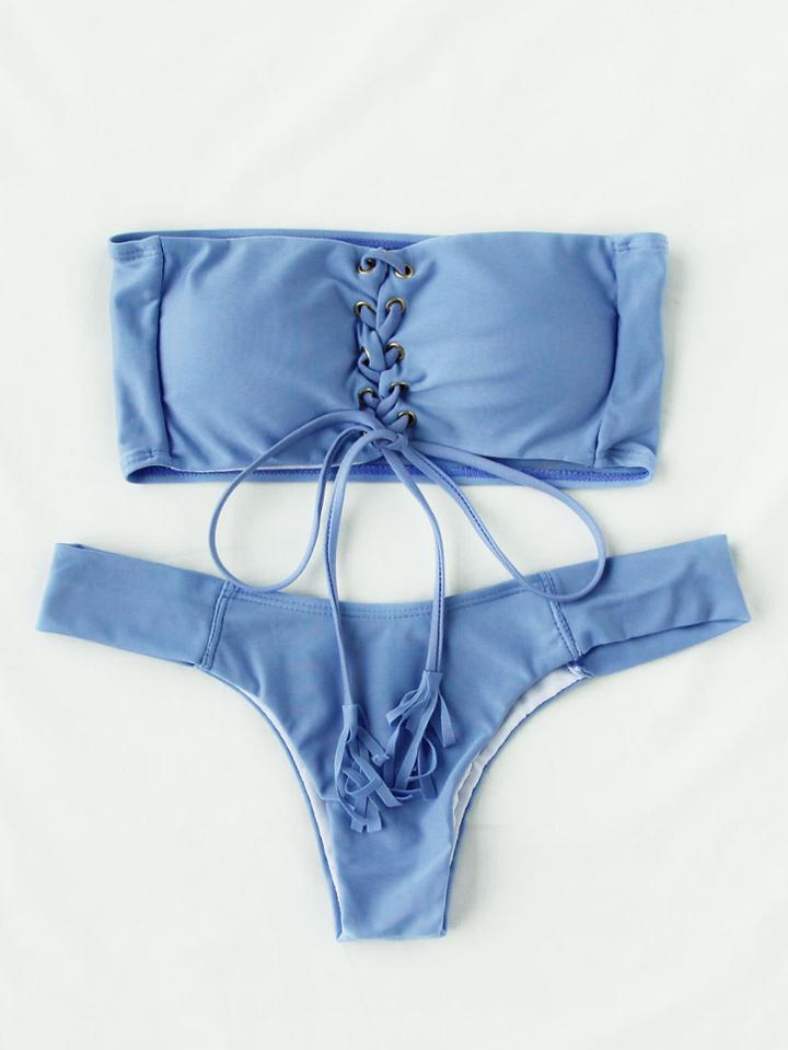 Romwe Lace Up Bandeau Bikini Set