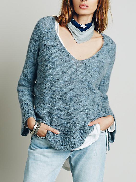 Romwe V Neck Dip Hem Slit White Sweater