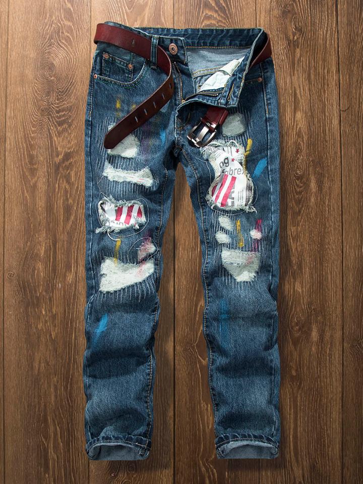 Romwe Men Biker Jeans With Patches