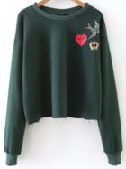 Romwe Dark Green Printed Raw Hem Sweatshirt
