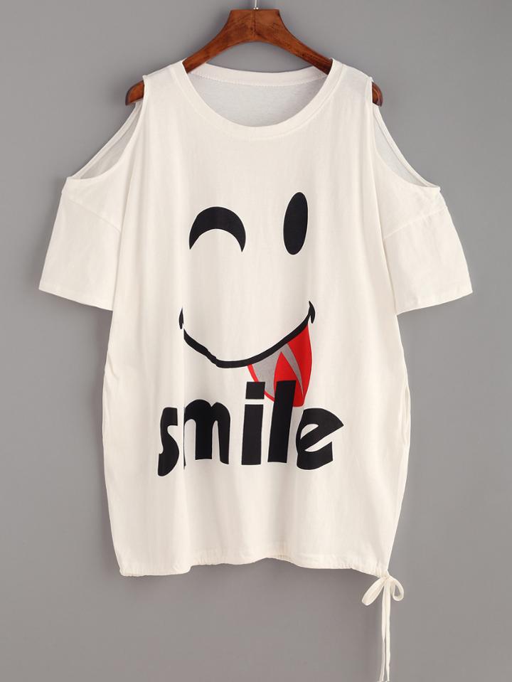 Romwe White Smiley Face Print Open Shoulder Drawstring Hem T-shirt