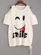 Romwe White Smiley Face Print Open Shoulder Drawstring Hem T-shirt