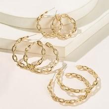 Romwe Chain Detail Open Large Hoop Stud Back Earrings 3pairs