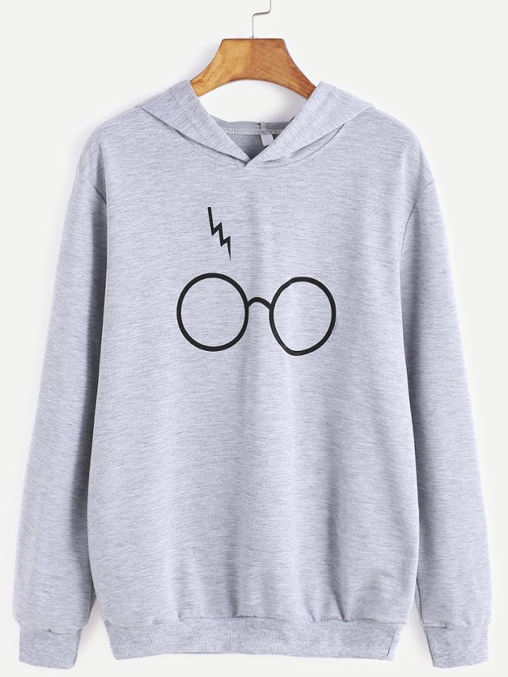 Romwe Grey Eyeglass Print Hooded Sweatshirt