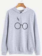 Romwe Grey Eyeglass Print Hooded Sweatshirt