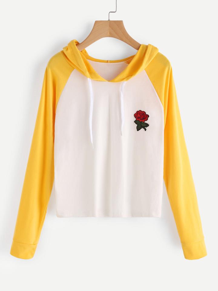Romwe Raglan Sleeve Rose Patch Hoodie