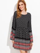 Romwe Black Ornate Print Bell Sleeve A Line Dress