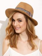 Romwe Khaki Vacation Embroidered Ribbon Wide Brimmed Straw Hat