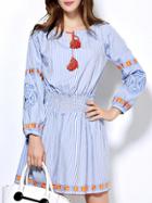 Romwe Blue Striped Elastic-waist Embroidered Dress