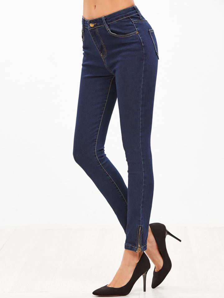 Romwe Deep Blue Zip Hem Skinny Jeans