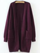 Romwe Burgundy Ribbed Detail Front Pocket Long Cardigan