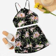 Romwe Floral Print Cami Top With Shorts