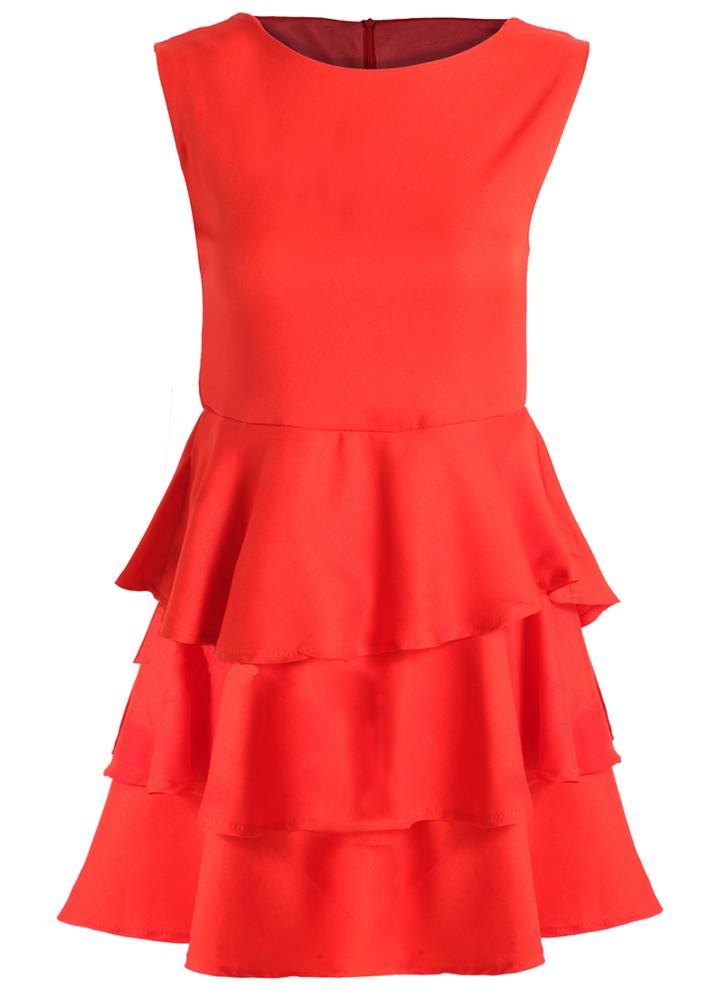 Romwe Round Neck Sleeveless Ruffle Orange Dress