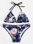 Romwe Floral Halter Bikini Set