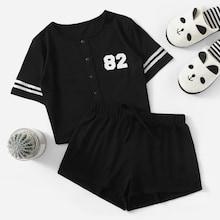 Romwe Number Print Button Front Top & Shorts Pj Set