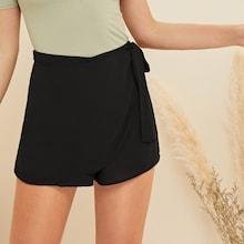 Romwe Wrap Knot Waist Solid Shorts