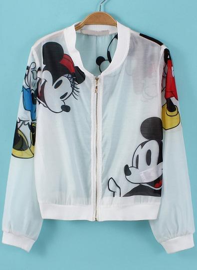 Romwe White Long Sleeve Mickey Print Crop Jacket