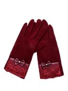 Romwe Burgundy Lace Trim Bow Gloves