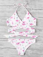 Romwe Flamingo Print Wrap Halter Bikini Set