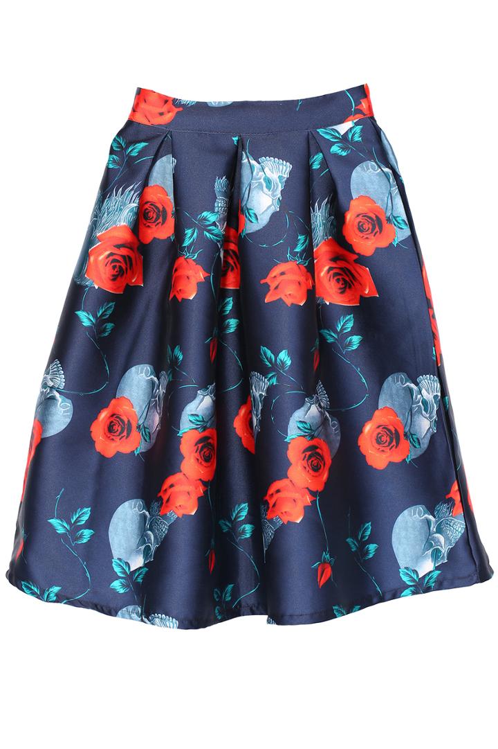 Romwe Rose Flowers Print Flare Skirt