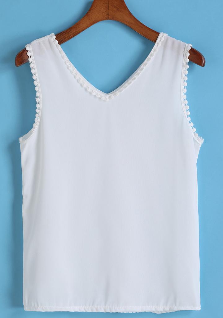 Romwe V Neck Crochet Detail White Tank Top