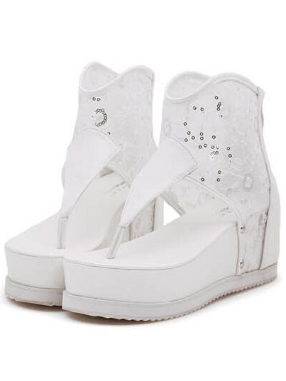 Romwe White Sequined Back Zipper Flip Wedges Sandals