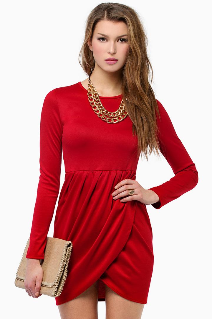 Romwe Red Long Sleeve Slim Bodycon Dress