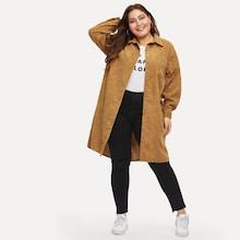 Romwe Plus Solid Longline Corduroy Shirt Coat