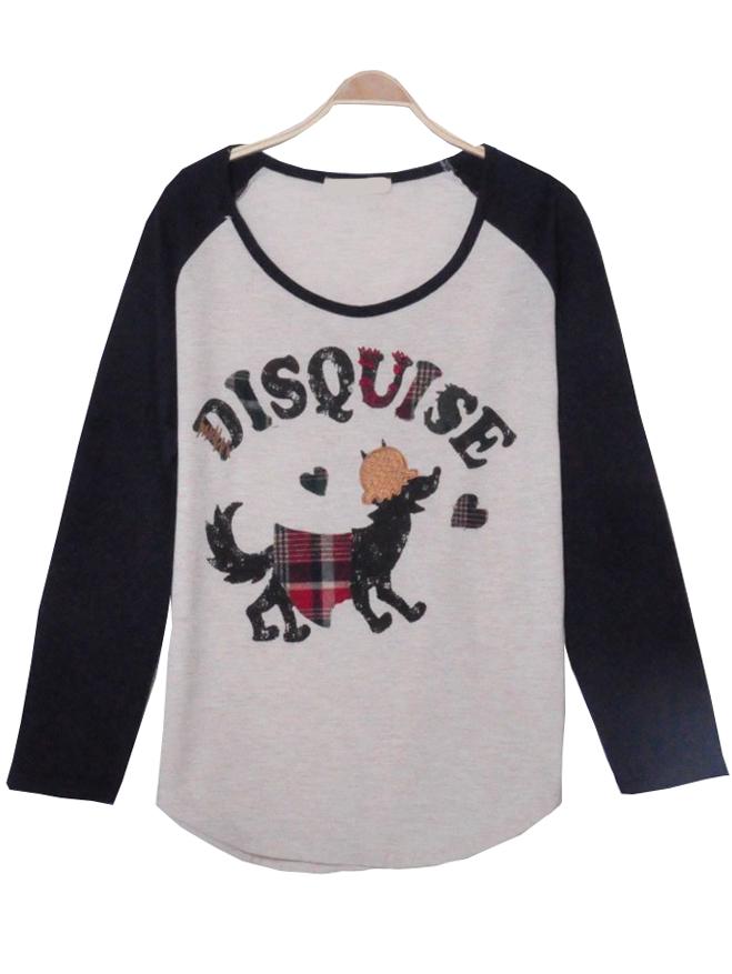 Romwe Raglan Sleeve Dog Print Navy Beige T-shirt
