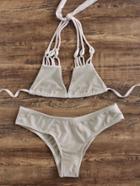 Romwe Khaki Strappy Triangle Bikini Set
