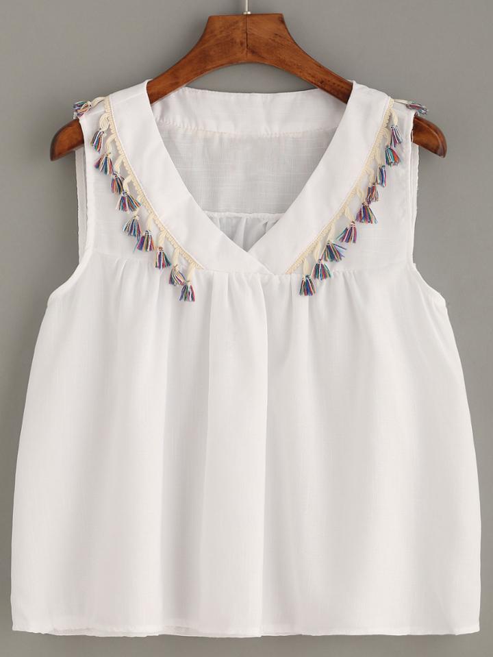 Romwe White Tassel Trim Shawl Collar Top