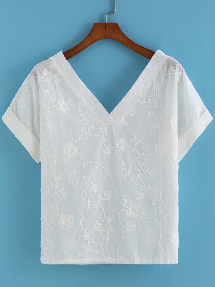 Romwe V Neck Cuffed Embroidered Top