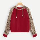 Romwe Contrast Leopard Drawstring Hooded Sweatshirt