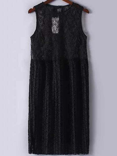 Romwe Sleeveless Lace Pleated Black Dress