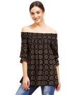 Romwe Printed Shirred Off The Shoulder Pleated Blouse