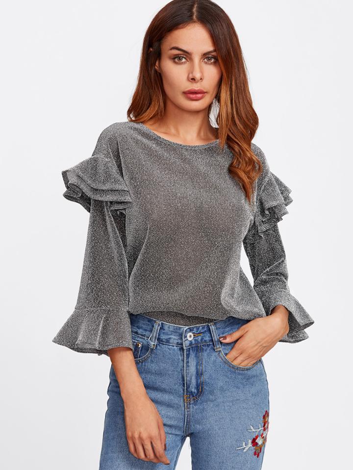 Romwe Tiered Ruffle Bell Sleeve Glitter Top