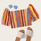 Romwe Colorful Striped Shirred Crop Blouse