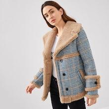 Romwe Waterfall Collar Contrast Faux Fur Plaid Coat