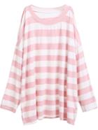 Romwe Pink Striped Open Shoulder Side Split T-shirt