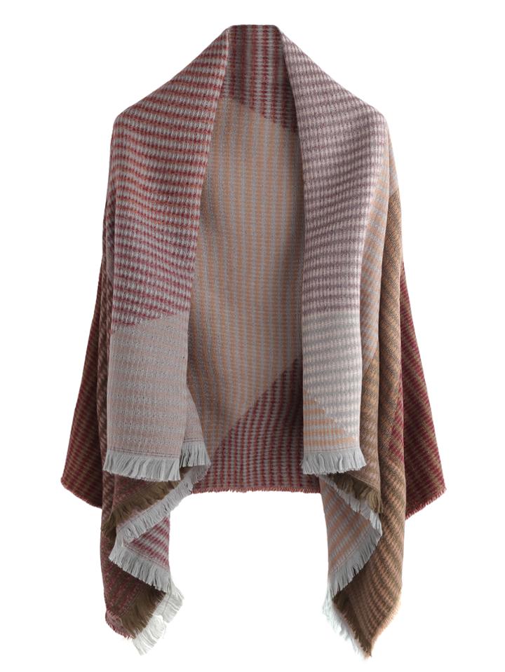 Romwe Red Tone Patchwork Fringe Trim Shawl Scarf