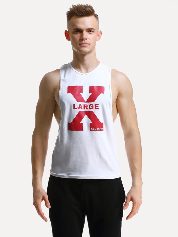 Romwe Men Letter Print Low Side Tank Top