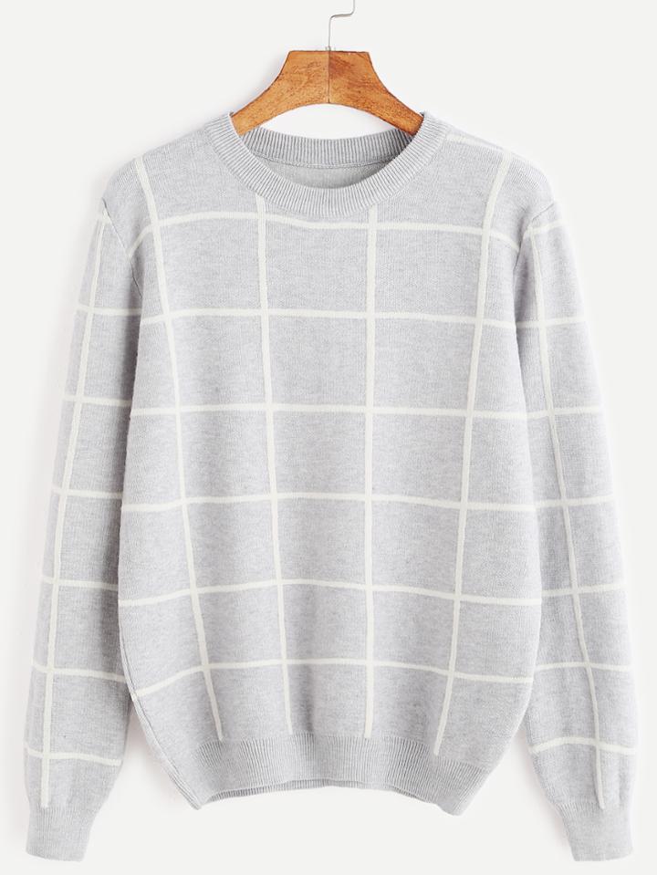 Romwe Pale Grey Grid Casual Sweater