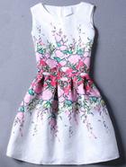 Romwe Pink Flower Print Fit & Flare Sleeveless Dress
